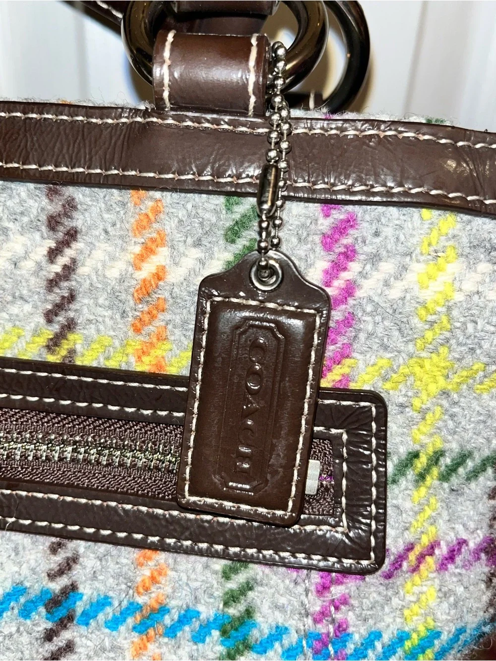 Coach Tattersal Plaid Tote with Brown Leather Trim